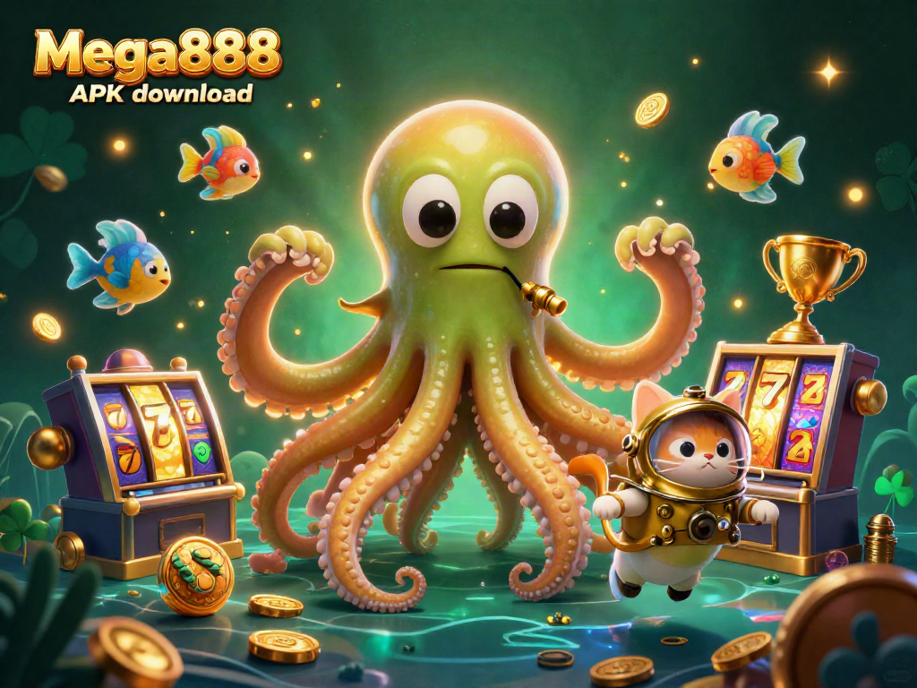 Experience thrilling Mega888 APK download with captivating animations of deep-sea characters and slot elements.
