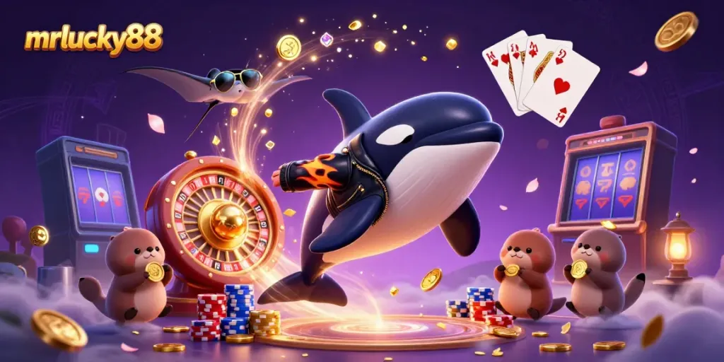 Experience winning action at mrlucky88 with a vibrant scene featuring 3D characters and casino elements.