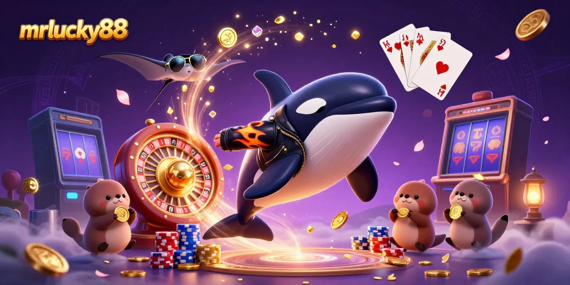Experience winning action at mrlucky88 with a vibrant scene featuring 3D characters and casino elements.