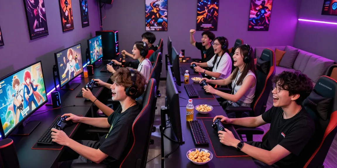 Players immersed in free hentai games in a vibrant gaming room, showcasing engagement and excitement with colorful visuals and snacks.