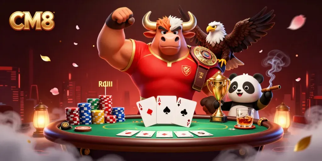 CM8 champions celebrate with poker action, featuring bull, eagle, and panda in a vibrant casino scene.