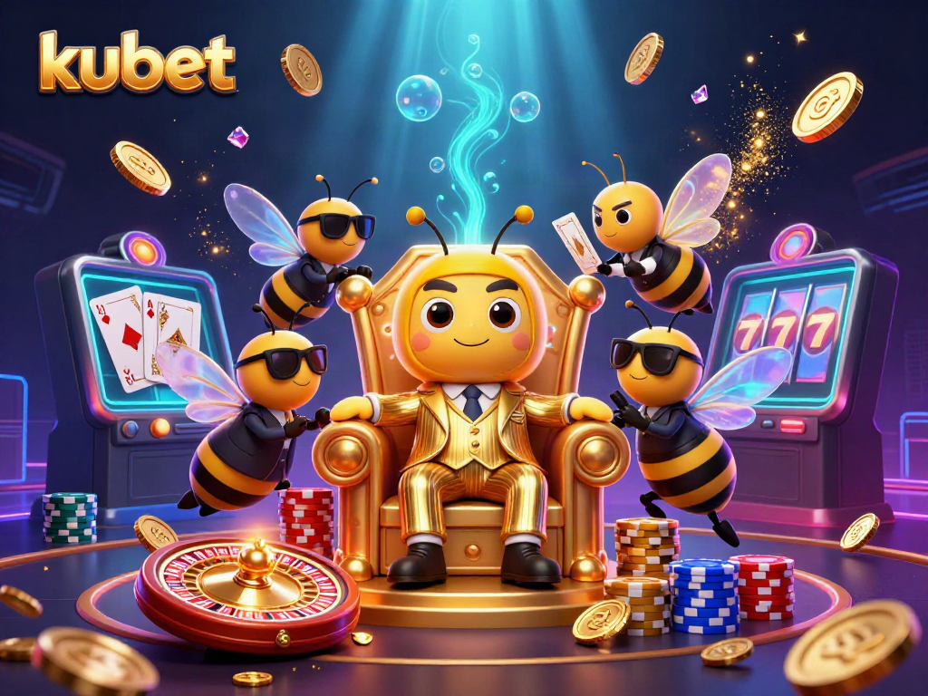 Kubet, the vibrant casino scene with characters engaging in thrilling games and cascading winnings.