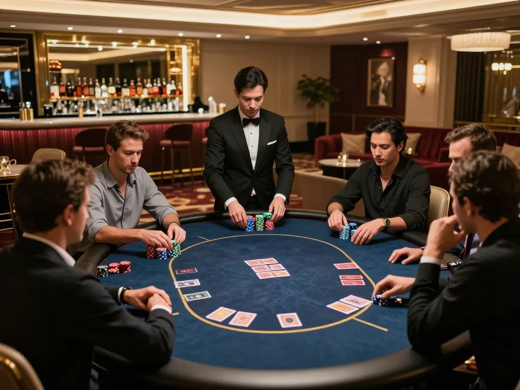 CM88 players engaging in high-stakes poker within a luxurious casino VIP area, showcasing chips and cards.