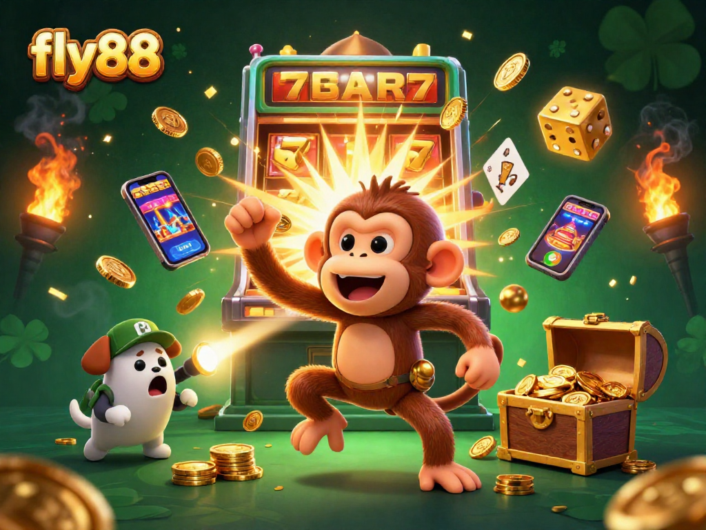 Experience the thrill of fly88 with a playful monkey juggling casino treasures in a vibrant, colorful casino atmosphere.