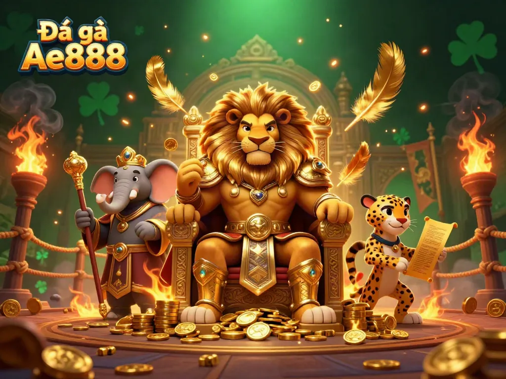 Engage in thrilling battles at Đá gà Ae888, featuring majestic characters in an energetic gambling arena.