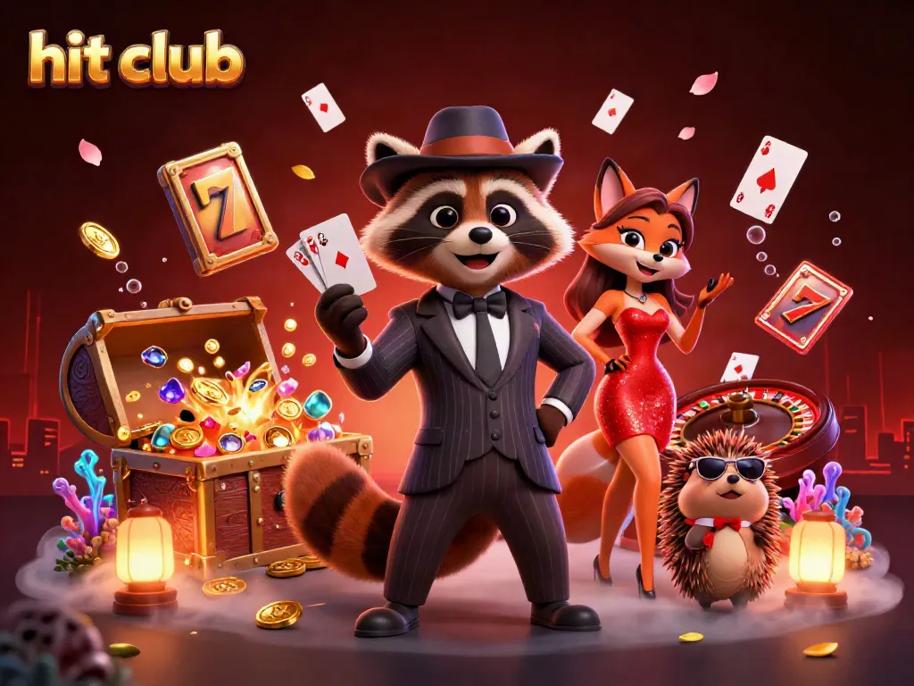 Join the hit club with a engaging scene showcasing a suave raccoon and friends enjoying casino games amidst vibrant elements and glowing treasures.