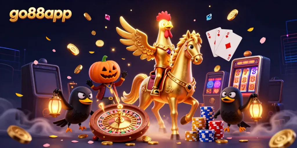Engage with go88app in an exhilarating casino scene featuring dynamic 3D characters and vibrant game elements.