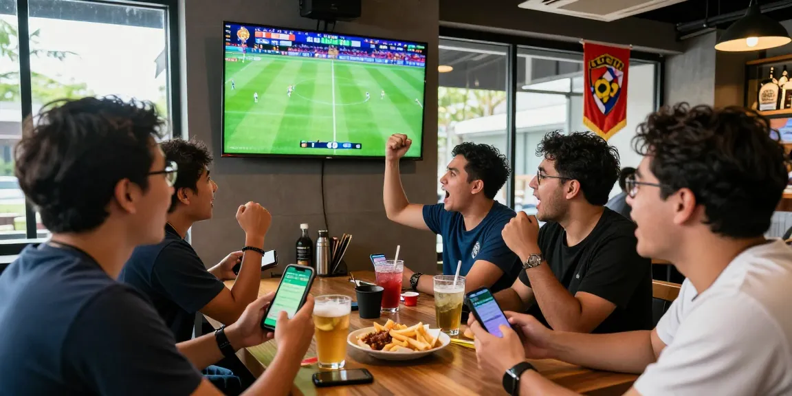 Exciting football betting scene in Malaysia with friends celebrating live matches.