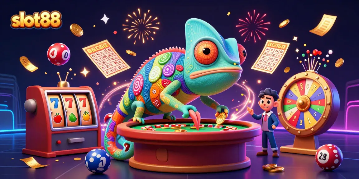 Engaging slot88 gaming scene featuring a colorful chameleon casino owner amidst dynamic gambling elements.