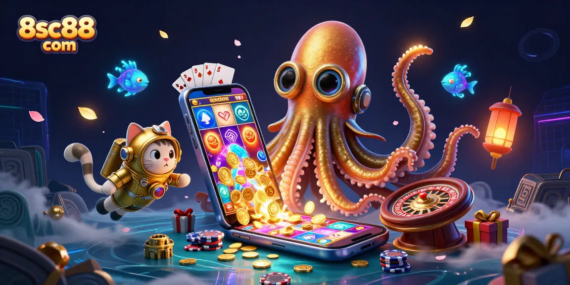 Experience thrilling gaming at 8sc88 com with a kraken, cat diver, and treasure-filled ocean scene.